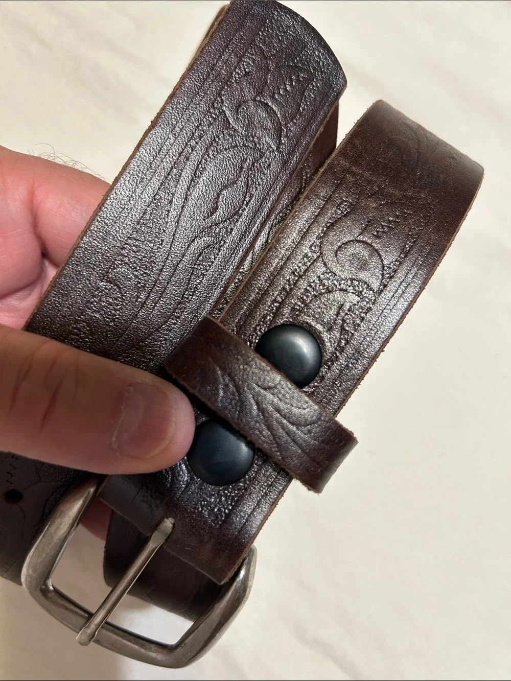 Men's Dark Brown Embossed Leather Belt with Brushed Buckle
